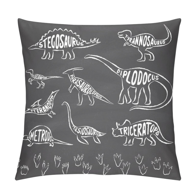 Personality  Set Of Dinosaurs Outlines With Lettering And Footprints On A Chalkboard Background. Vector Illustration Pillow Covers