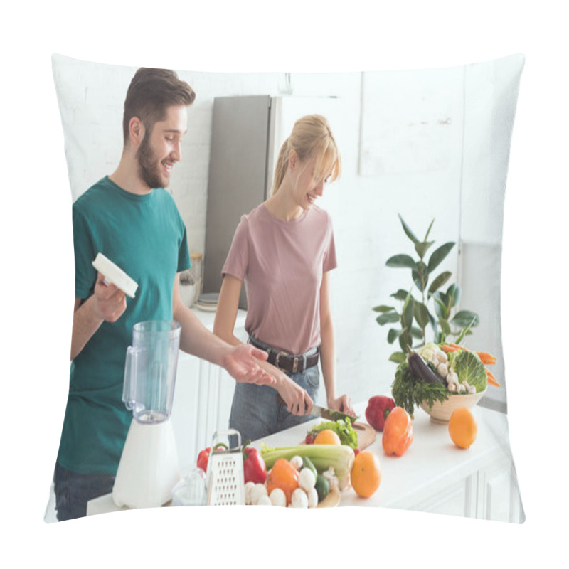 Personality  Couple Of Vegans Cooking Food At Kitchen Pillow Covers