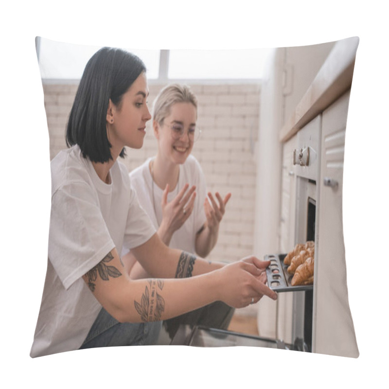 Personality  Tattooed Lesbian Couple Taking Oven Tray With Freshly Baked Croissants In Kitchen  Pillow Covers