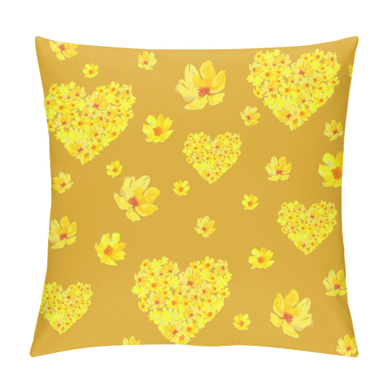 Personality  Vibrant Yellow Floral Pattern With Heart Shapes Set Against A Golden Background Pillow Covers