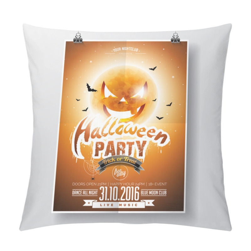 Personality  Vector Halloween Party Flyer Design With Typographic Elements And Pumpkin Moon On Orange Background Pillow Covers