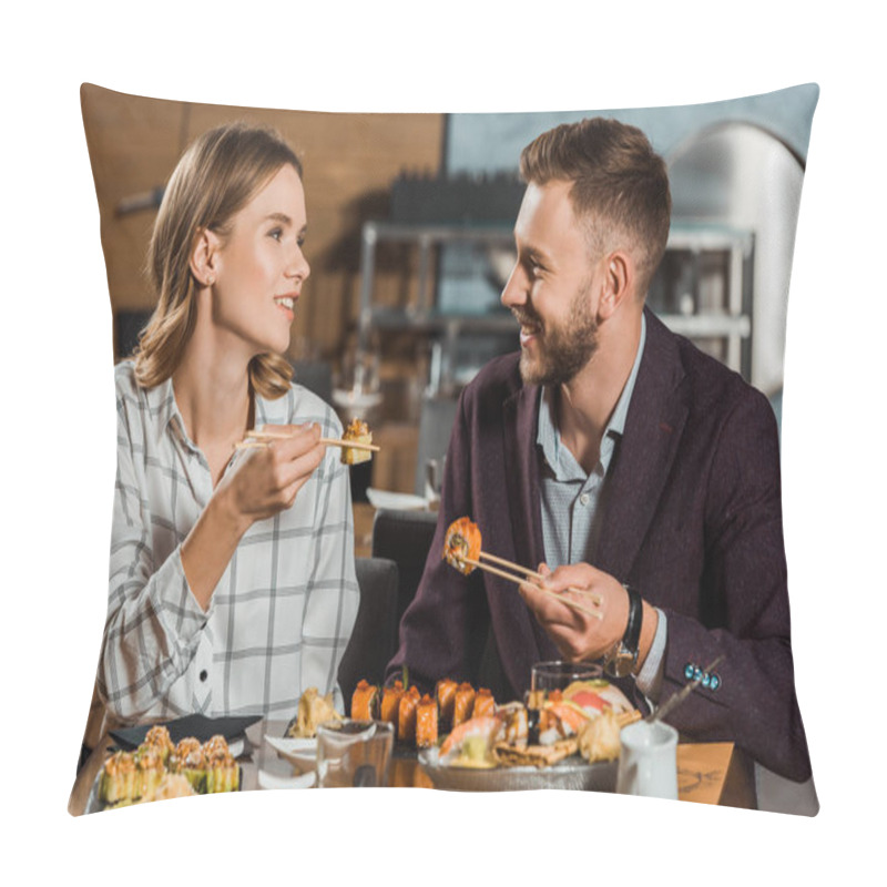 Personality  Lovely Couple Amorously Looking At Each Other And Eating Sushi Rolls In Restaurant  Pillow Covers