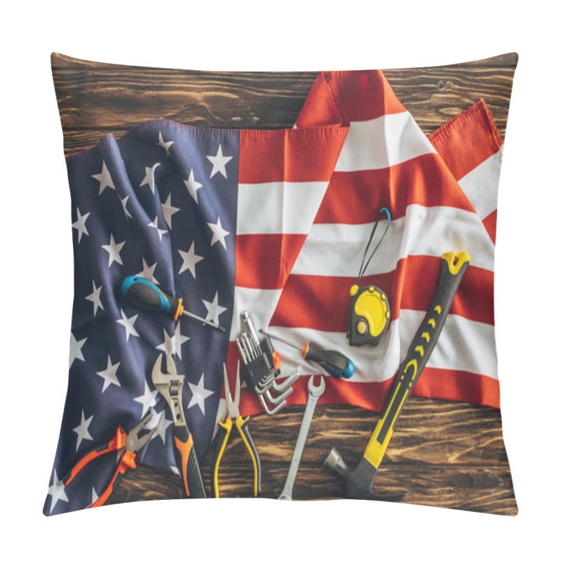 Personality  Top View Of Instruments On American Flag, Labor Day Concept  Pillow Covers