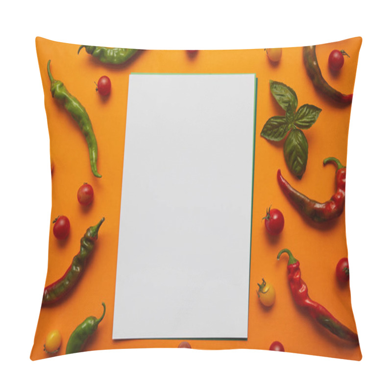 Personality  Top View Of Blank Card And Fresh Tomatoes With Basil And Peppers On Orange Pillow Covers