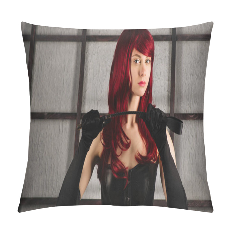 Personality  Red-haired Girl In A Leather Corset Holds Spank. Pillow Covers