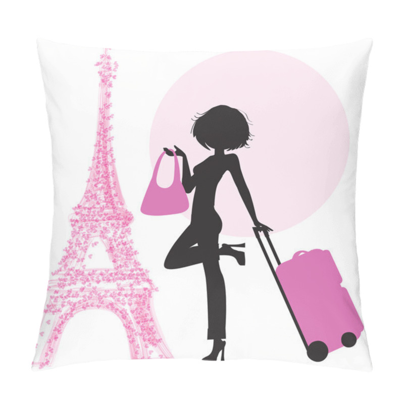 Personality  Woman With Suitcase In Paris Pillow Covers