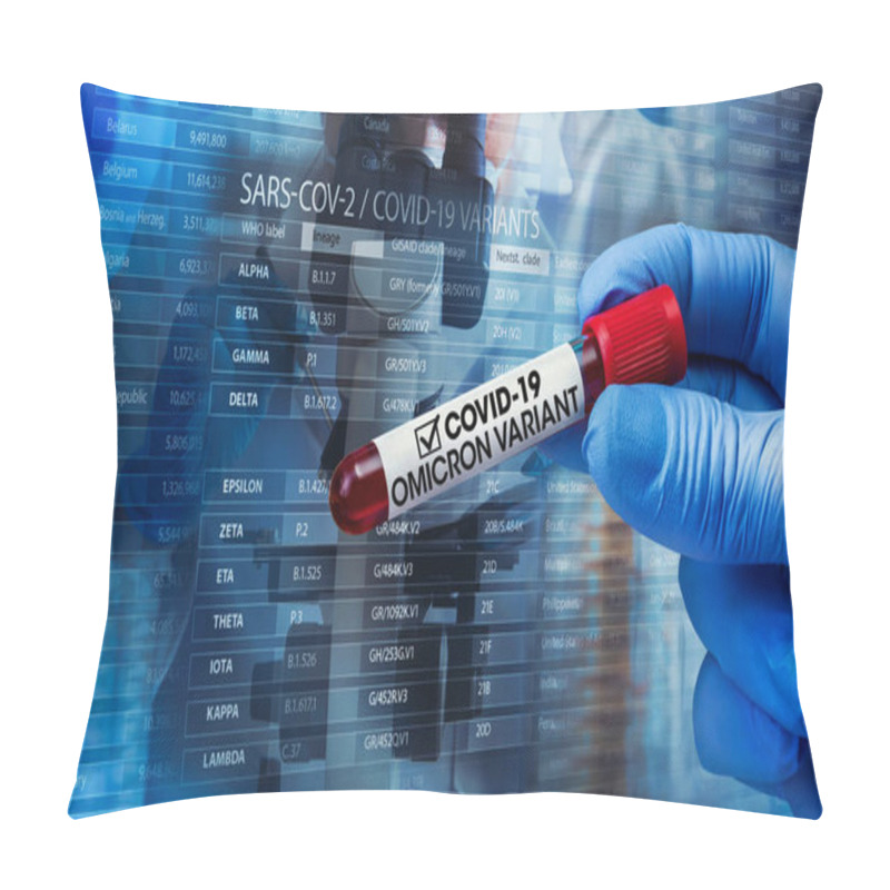 Personality  Doctor In Analysis Lab Holding Sample Of New Strain Of Covid Omicron. Researcher With Blood Sample Of New Variant Of The Covid-19 Omicron B.1.1.529 And Generic Data Of Covid-19 Coronavirus Mutations Pillow Covers