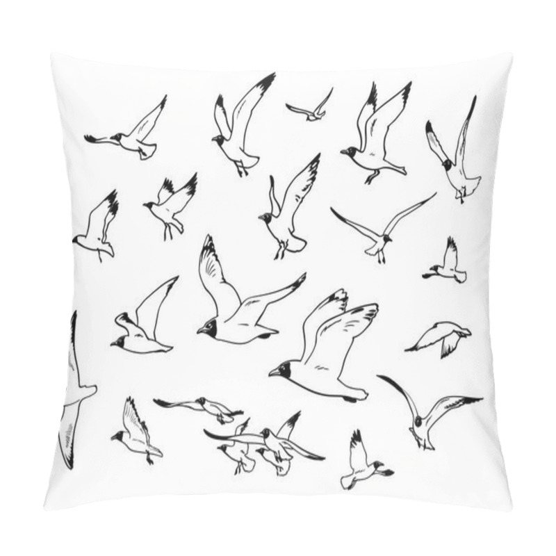 Personality  Sketch Of Flying Seagulls. Set Of Sea Gulls In Different Positions. Hand Drawn Vector Illustration Isolated On White Background. Pillow Covers