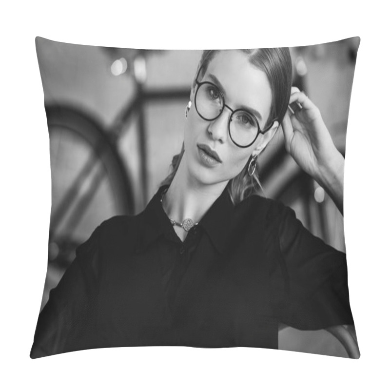 Personality  Black And White Of Attractive Businesswoman In Black Clothes Looking At Camera And Touching Hair Pillow Covers