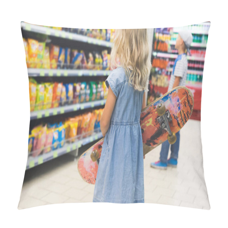 Personality  Child With Skateboard Standing In Supermarket With Shelves Behind Pillow Covers