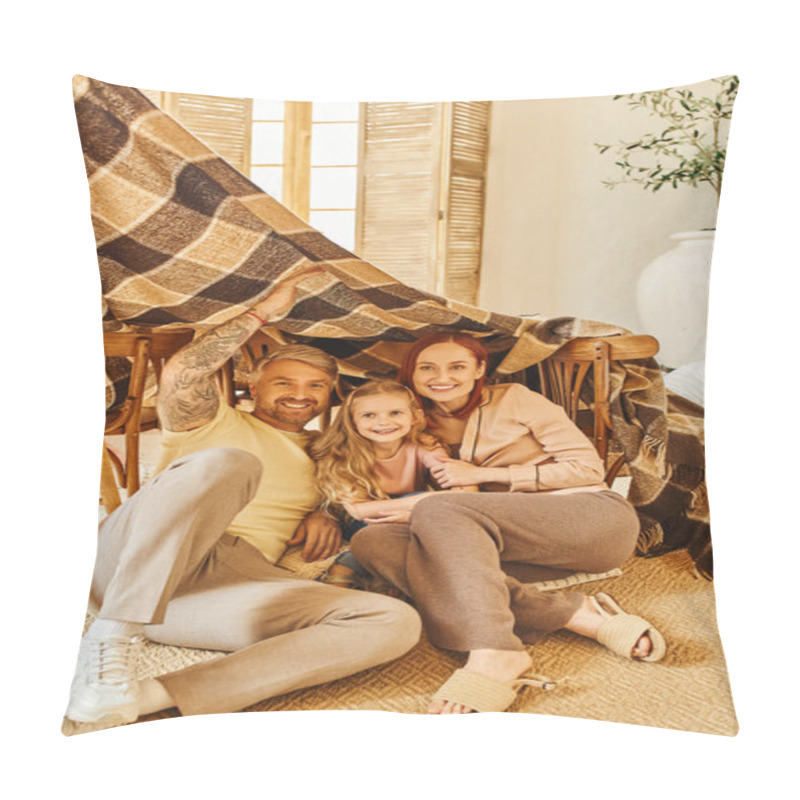 Personality  Excited Parents With Happy Daughter Sitting Under Blanket Hut In Living Room, Playing Together Pillow Covers