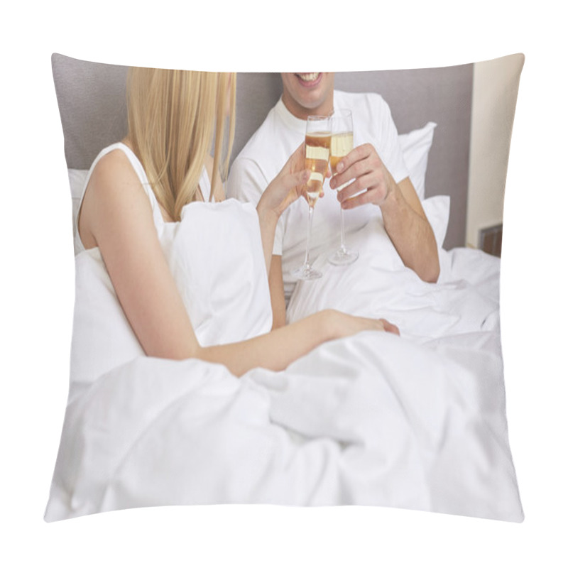 Personality  Smiling Couple With Champagne Glasses In Bed Pillow Covers