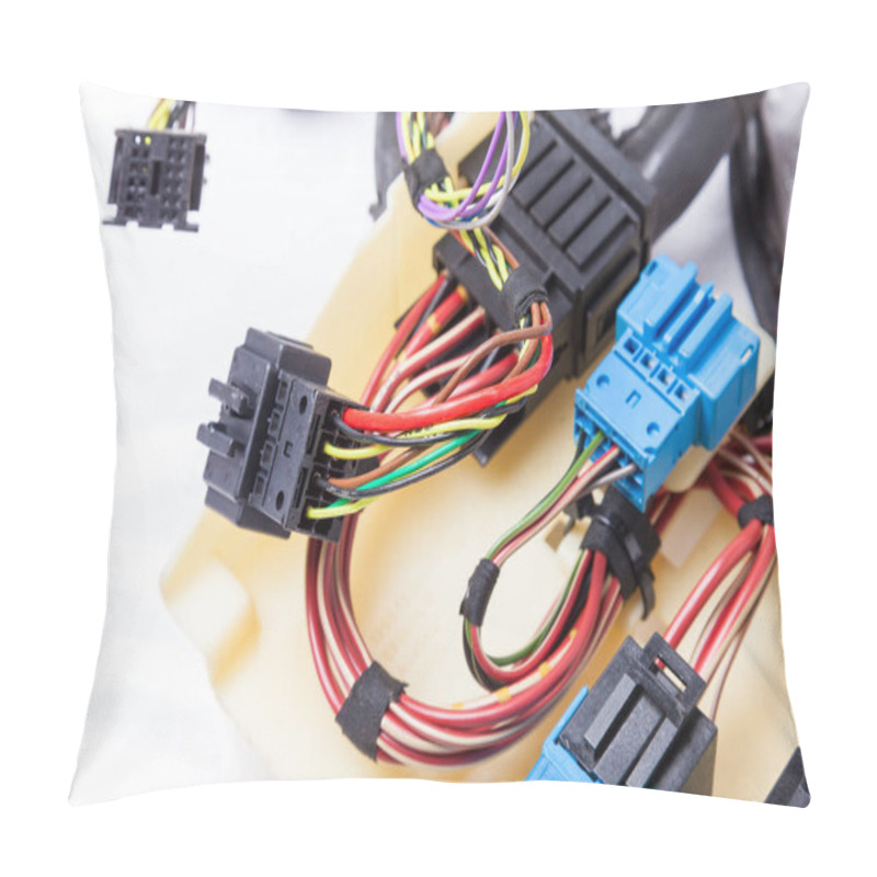 Personality  Multi-colored Electrical Wires With Car Connectors On A White Isolated Background During Network Repair By An Engineer Or Mechanic In A Service Or Workshop. Pillow Covers