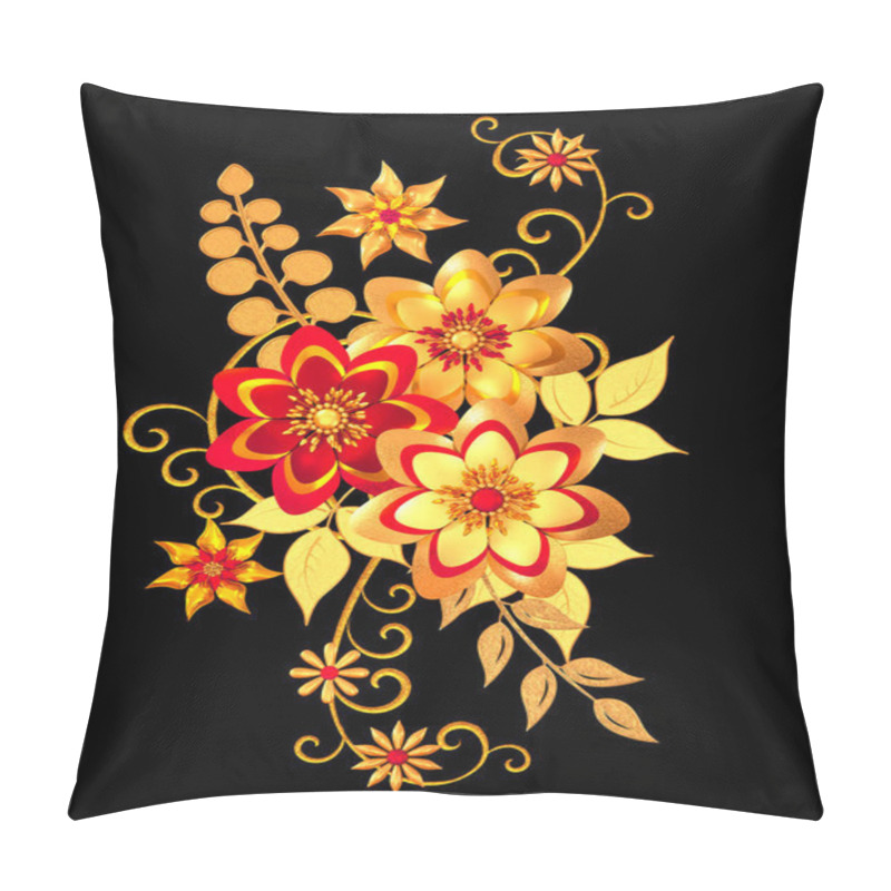 Personality  Floral Arrangement, Stylized Golden Leaves And Flowers, Shiny Berries, Delicate Curls, Geometric Shape, Paisley Elements, Isolated On A White Background. 3d Rendering Pillow Covers