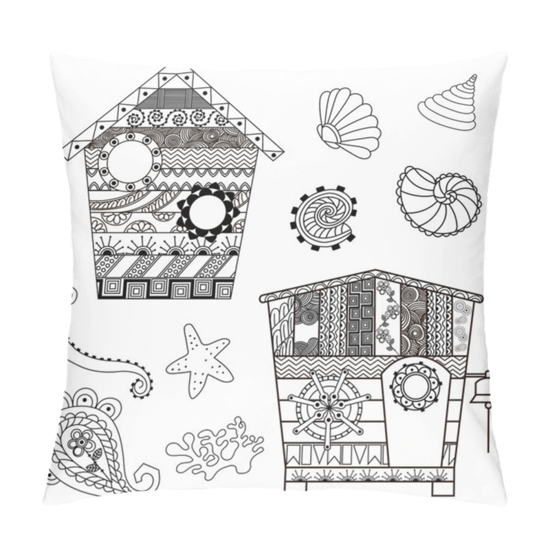 Personality  Beach Huts And Seashells In Boho Style. Antistress Pattern. Orie Pillow Covers