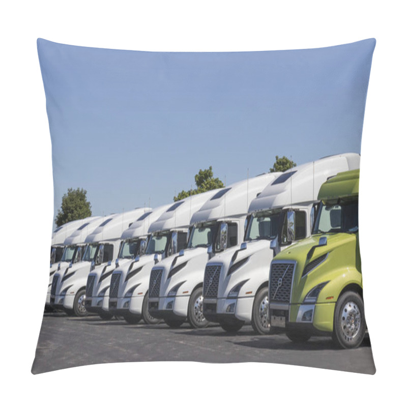 Personality  Indianapolis - Circa August 2020: Volvo Semi Tractor Trailer Trucks Lined Up For Sale. Volvo Is One Of The Largest Truck Manufacturers. Pillow Covers