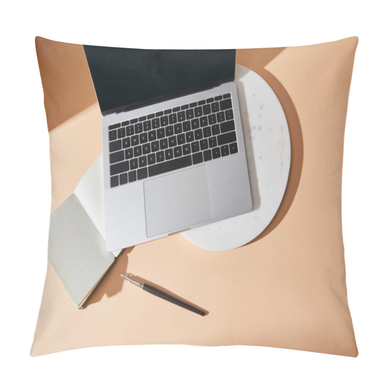 Personality  Top View Of Laptop On Marble Board, Copybook And Paintbrush On Beige Background Pillow Covers