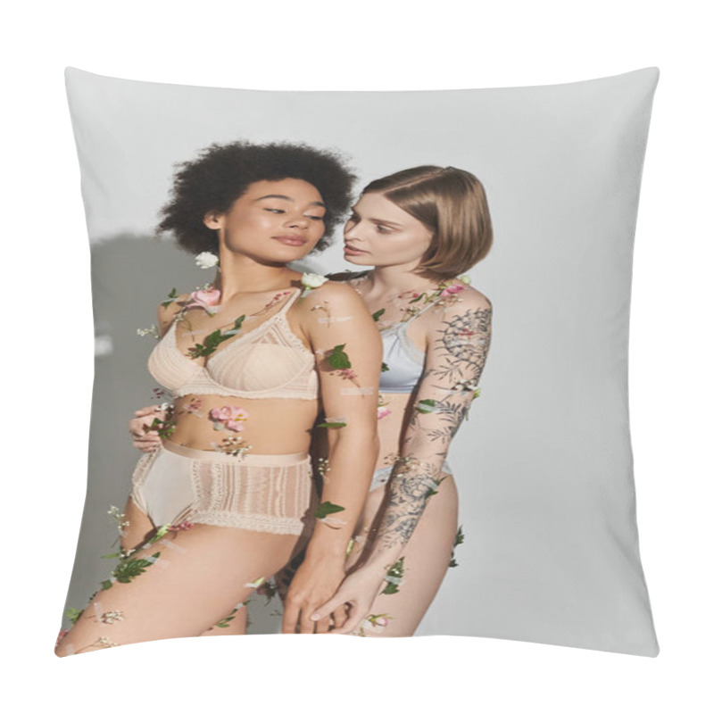 Personality  Couple Embraces, Surrounded By Delicate Flowers And Natural Beauty. Pillow Covers