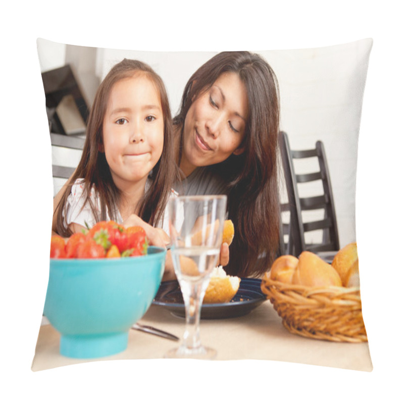 Personality  Mother Daughter Eating Meal With Strawberries Pillow Covers