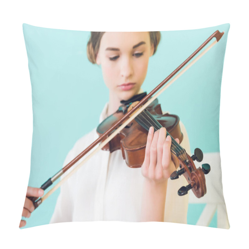 Personality  Beautiful Girl Playing Violin, Isolated On Blue Pillow Covers