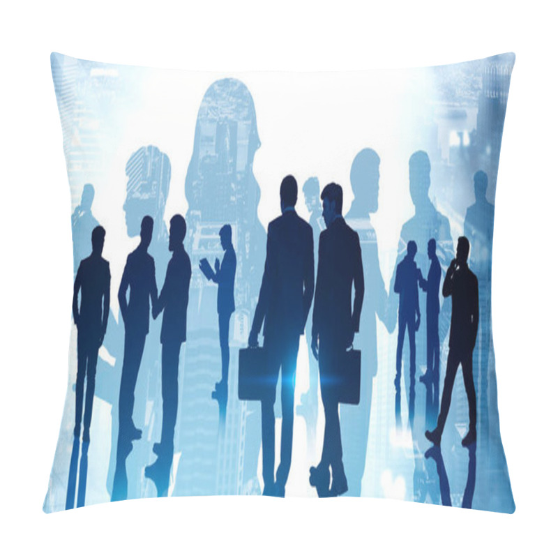 Personality  Corporate Lifestyle Concept. Silhouettes Of Diverse Business People In Abstract City With Double Exposure Of Blurry Cityscape. Toned Image Pillow Covers