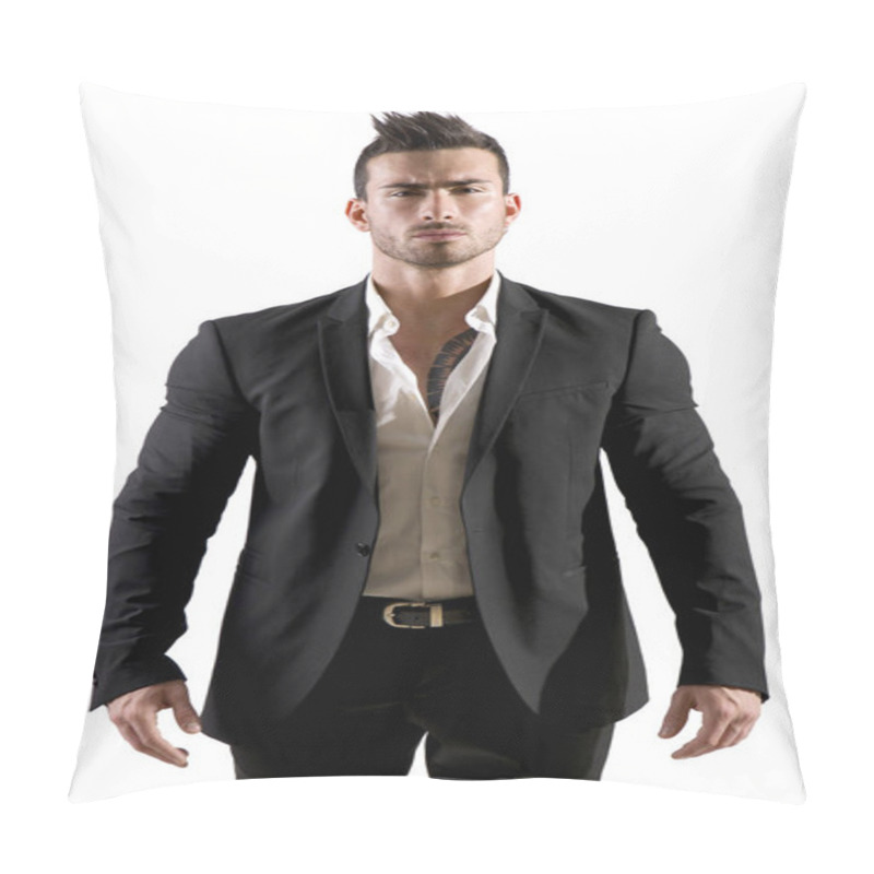 Personality  A Man In A Suit And Tie Posing . Photo Of A Handsome Man Striking A Pose In A Sleek Suit And Tie, Isolated On White Pillow Covers