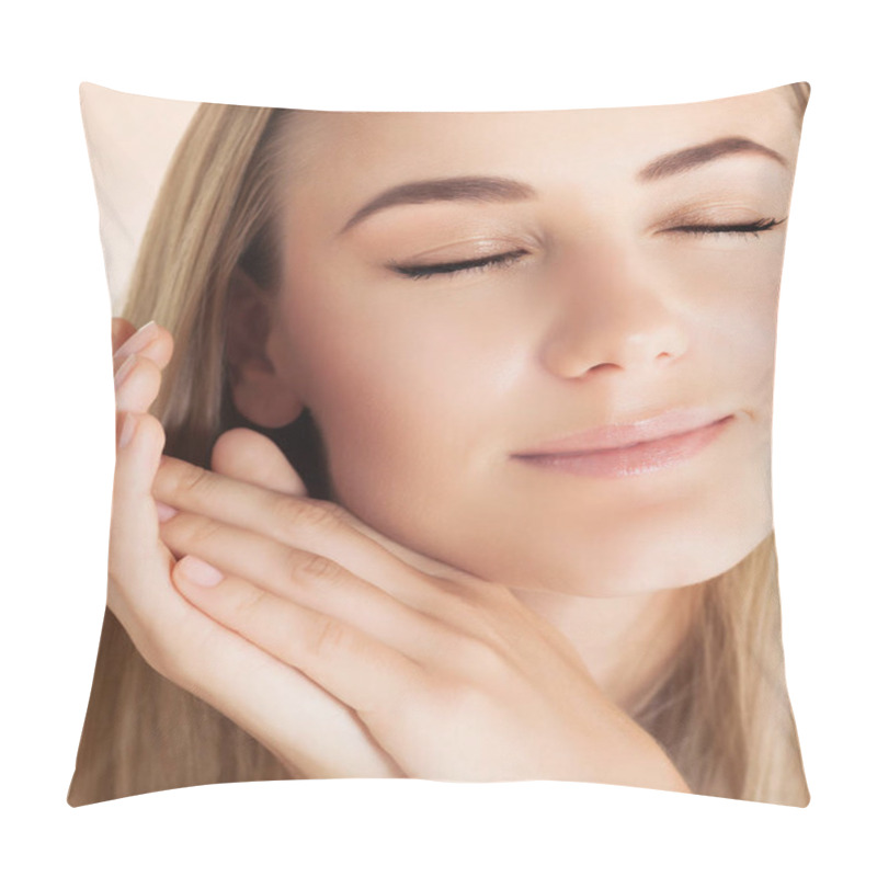 Personality  Closeup Portrait Of A Nice Blond Girl With Closed Eyes With Pleasure Applying Facial Cream, Using Natural Beauty Treatment, Health And Beauty Care Concept. Pillow Covers