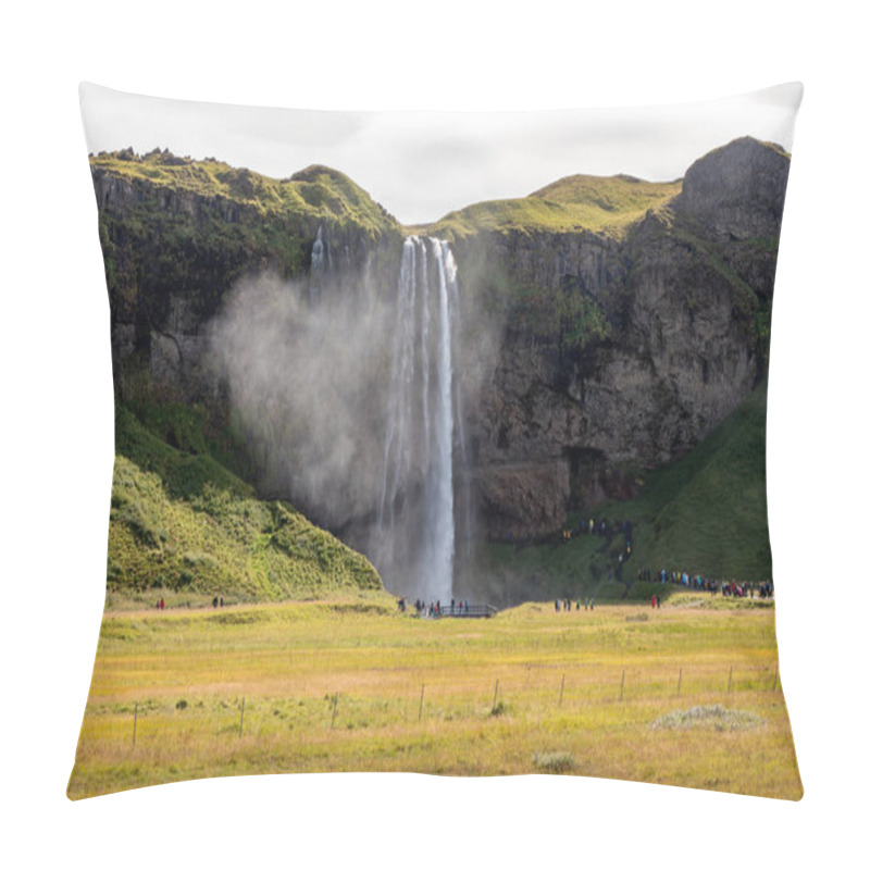 Personality  Aerial View Of Serene Seljalandsfoss Waterfall Cascades Over Lush Greenery, Surrounded By Dramatic Cliffs Under A Breathtakingly Vibrant Sunset Sky In Area Of Golden Circle In Iceland Pillow Covers