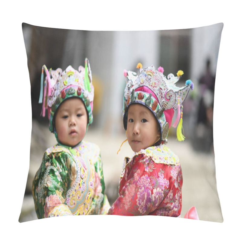 Personality  Children Wearing Hats With The Characteristics Of Dong Ethnic Group Attend The Traditional Dongnian Festival In Leli Town In Rongjiang County, Qiandongnan Miao And Dong Autonomous Prefecture, Southwest China's Guizhou Province, 27 December 2018.  Pillow Covers