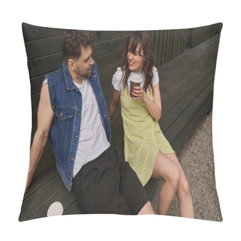 Personality  Smiling And Stylish Bearded Man In Denim Vest Talking To Brunette Girlfriend In Sundress Holding Coffee To Go And Sitting Near Wooden House In Rural Setting, Carefree Moments Concept, Tranquility Pillow Covers