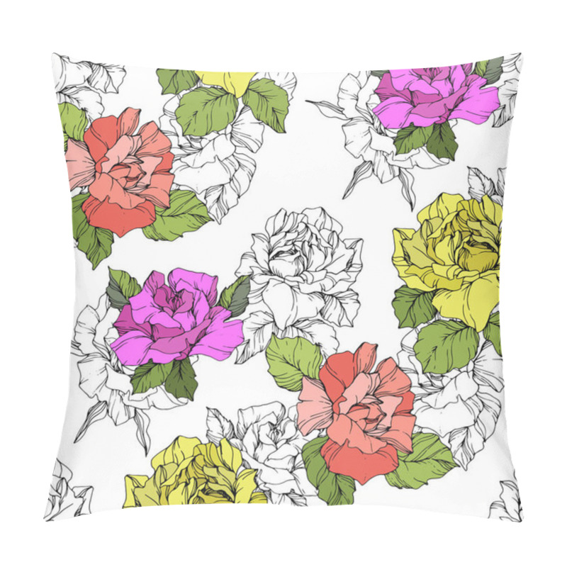 Personality  Beautiful Coral, Yellow And Purple Roses. Engraved Ink Art. Seamless Background Pattern. Fabric Wallpaper Print Texture On White Background. Pillow Covers