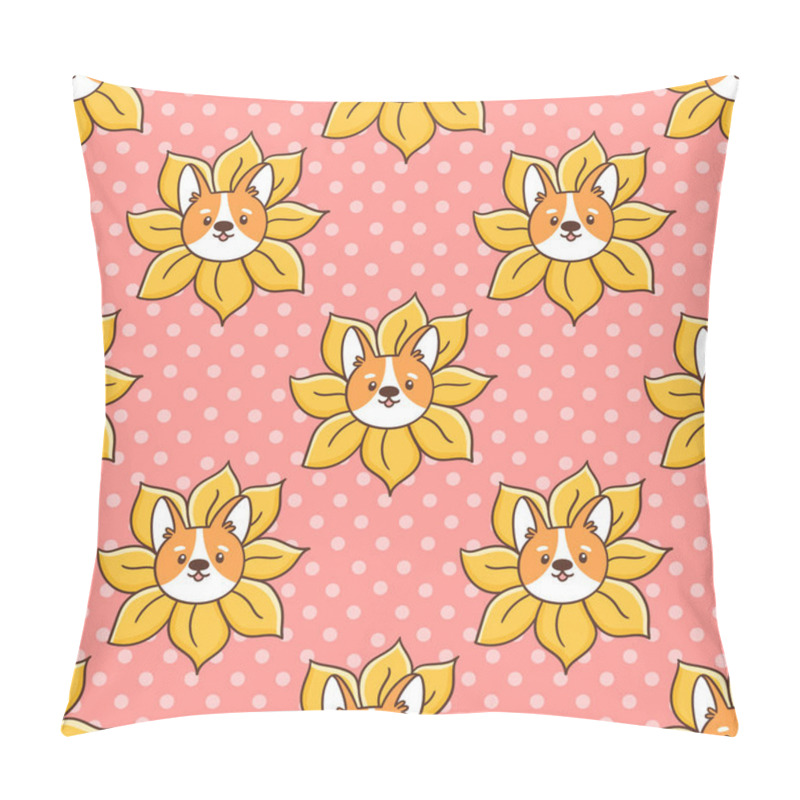 Personality  Cute Seamless Pattern With Corgi Dog Peeks Out Of A Sunflower, On A Pink Background. It Can Be Used For Packaging, Wrapping Paper, Textile, Home Decor Etc. Pillow Covers