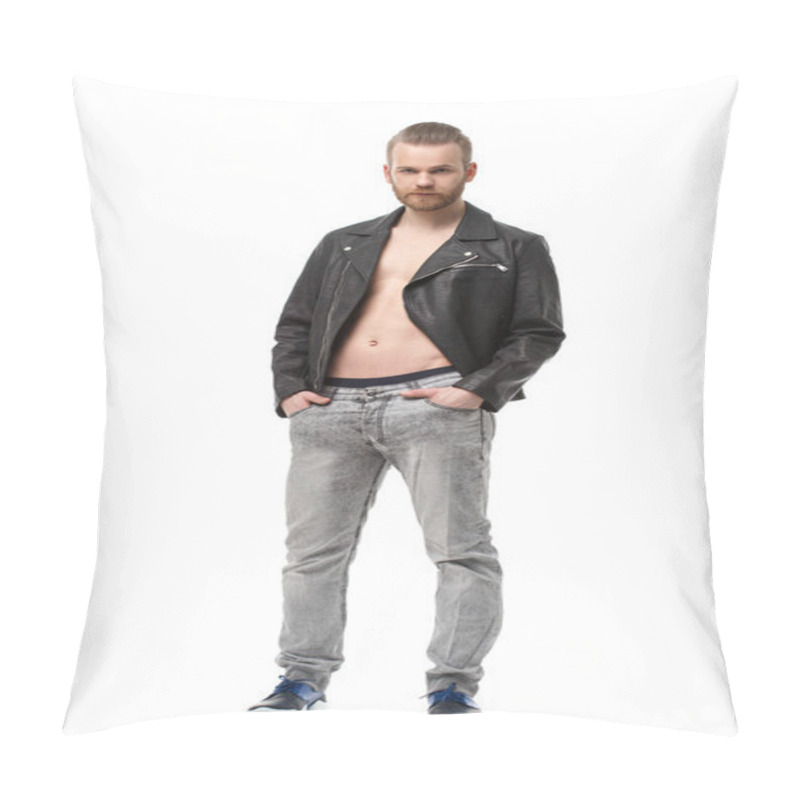 Personality  Charismatic Bearded Man In A Unbuttoned Leather Jacket On His Naked Body Stands In Full Growth Isolated On White Background. Pillow Covers