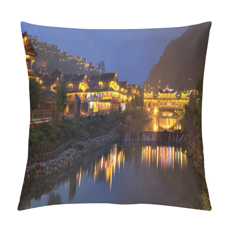 Personality  Night Lights Of Big Chinese Village, Reflected In River Water. Pillow Covers