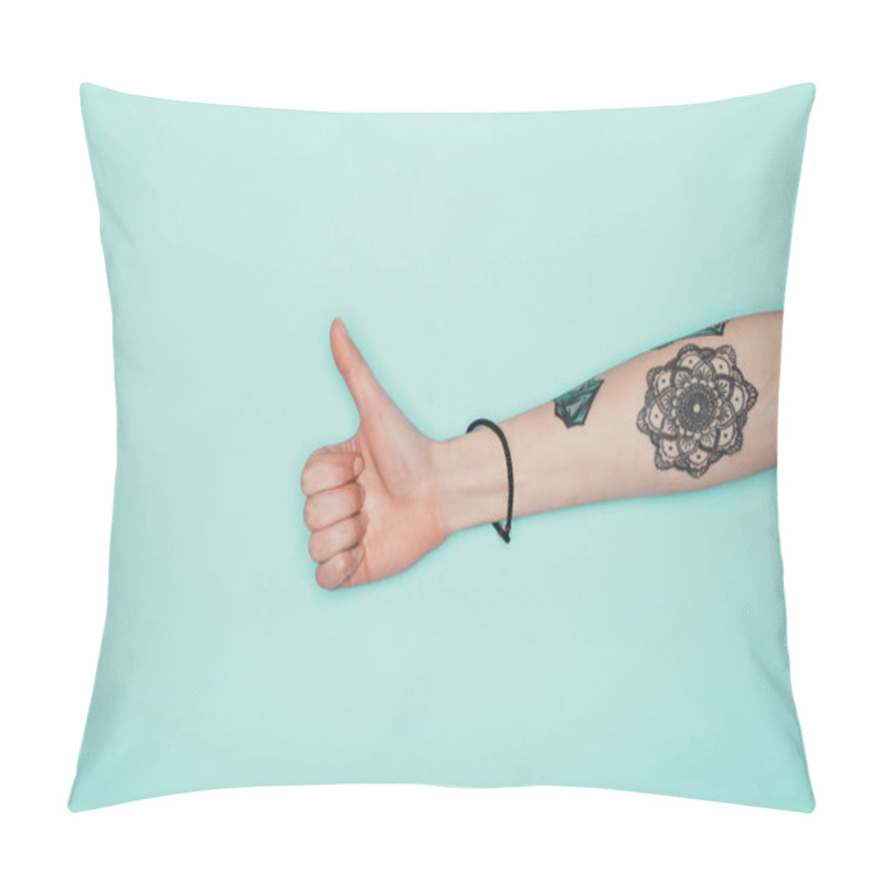 Personality  Cropped Shot Of Woman Showing Thumb Up Isolated On Turquoise Pillow Covers