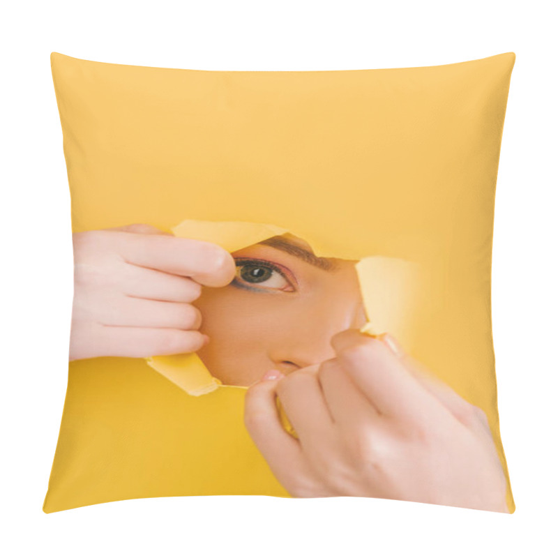 Personality  Cropped View Of Beautiful Woman Looking Through Yellow Paper Torn Hole Pillow Covers