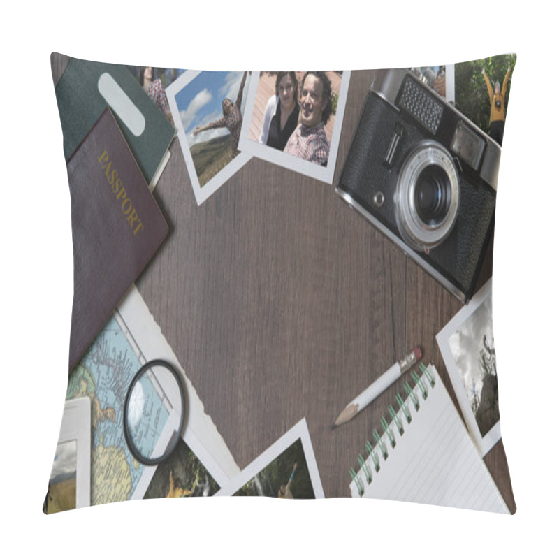 Personality  Top View Of Couple Photographs, Passports, Old Camera, Map And Notebook On A Dark Wooden Table Pillow Covers