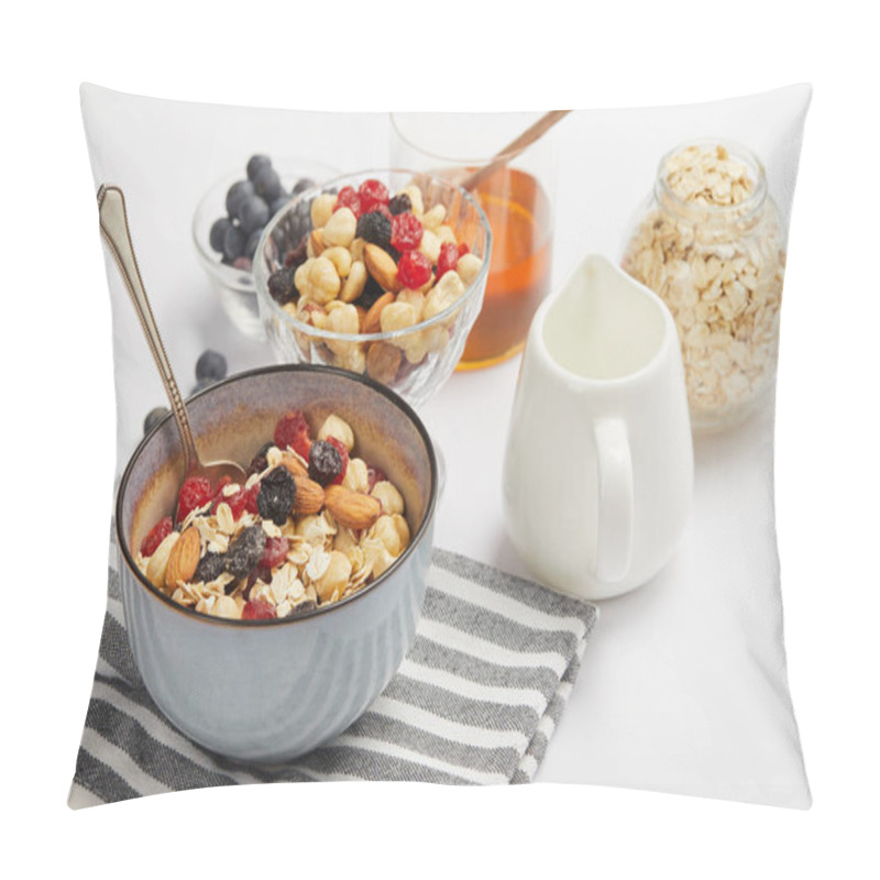 Personality  Bowl On Striped Napkin With Oat Flakes, Nuts And Berries On White Table With Milk Jug Pillow Covers