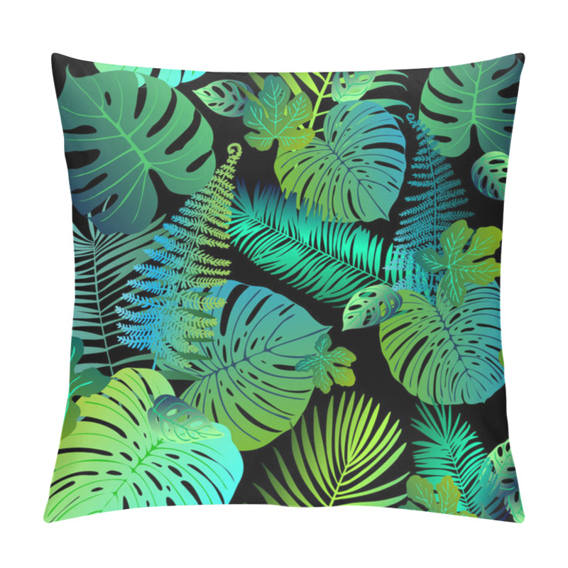 Personality  Pattern Vector Green Neon Tropical Leaves Of Palm, Monstera, Fern. Plants On A Black Background. Pillow Covers