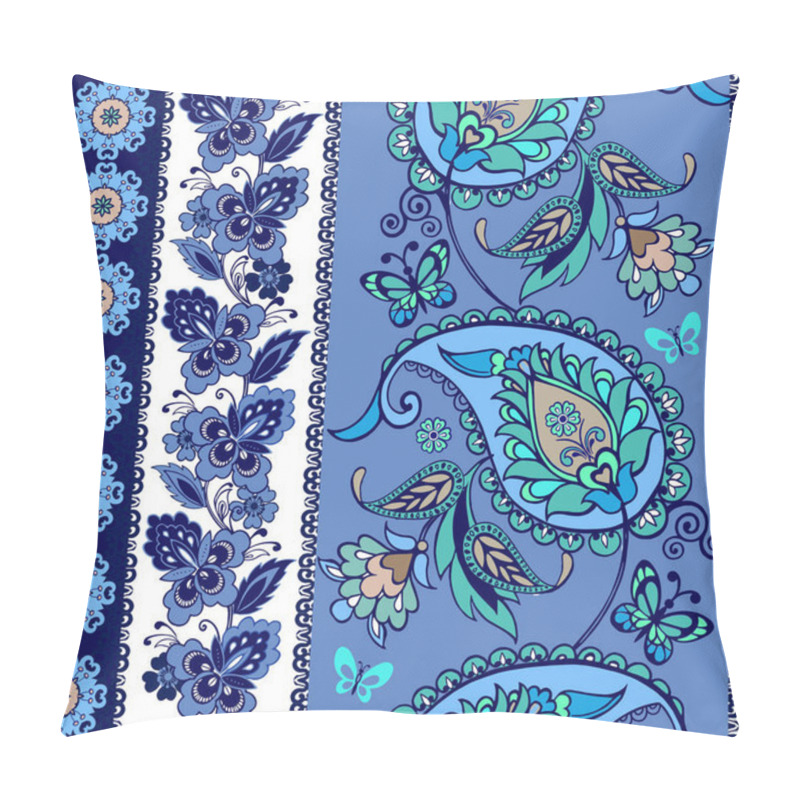 Personality  Set Of Oriental Borders With Paisley In Blue. Set Of Lace Bohemian Seamless Borders. Stripes With Blue Floral Motifs. Decorative Ornament Backdrop For Fabric, Textile, Wrapping Paper.  Pillow Covers