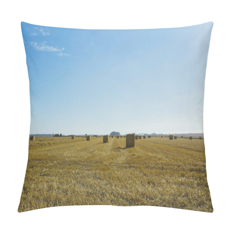 Personality  Yellow Wheat Field With Straw Bales After Harvesting On A Sunny Day In Normandy, France. Country Landscape, Agricultural Fields In Summer. Environment Friendly Farming, Industrial Agriculture Concept. Pillow Covers