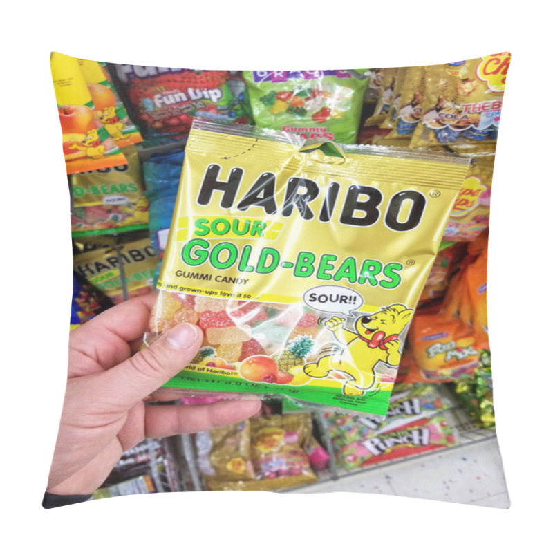 Personality  PLATTSBURGH, USA - SEPTEMBER 10, 2018: A Man Holding Haribo Sour Gold-Bears . Haribo Is A German Confectionery Company Pillow Covers