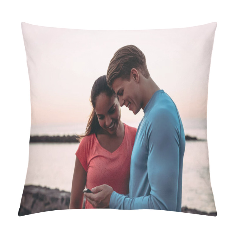 Personality  Young Couple Joggers Having A Break And Using Mobile Smartphone Outdoor - Sporty People Having Fun With Trends Technology Apps For Cellphone - Healthy, Tech And Youth Lifestyle Concept Pillow Covers