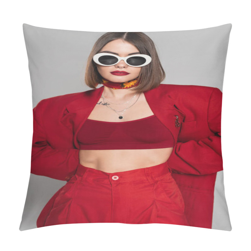 Personality  Generation Z, Tattooed Young Woman With Short Hair And Nose Piercing Posing In Sunglasses And Red Suit On Grey Background, Modern Fashion, Trendy Outfit, Chic Style  Pillow Covers