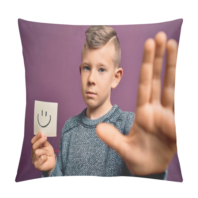 Personality  Young Little Caucasian Kid Showing Smiley Face On A Paper Note As Happy Message With Open Hand Doing Stop Sign With Serious And Confident Expression, Defense Gesture Pillow Covers