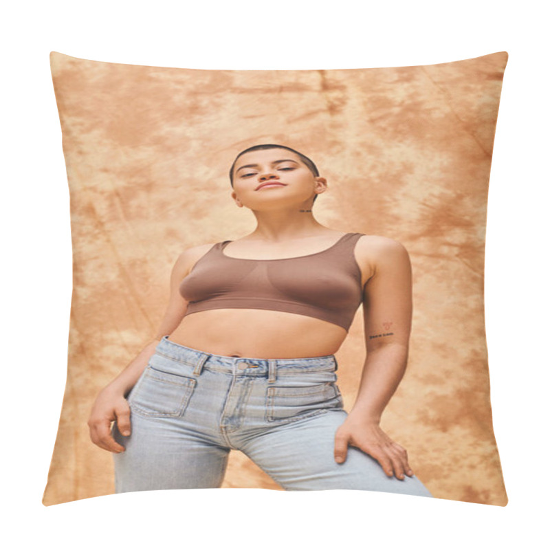 Personality  Body Confidence, Jeans Look, Curvy And Tattooed Woman In Casual Attire Standing On Mottled Beige Background, Looking At Camera, Self-acceptance, Generation Z, Body Diversity, Short Haired Model  Pillow Covers