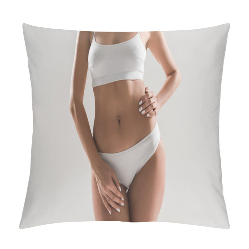 Personality  Cropped View Of Beautiful Slim Woman In Underwear With Hand On Hips Isolated On Grey Pillow Covers