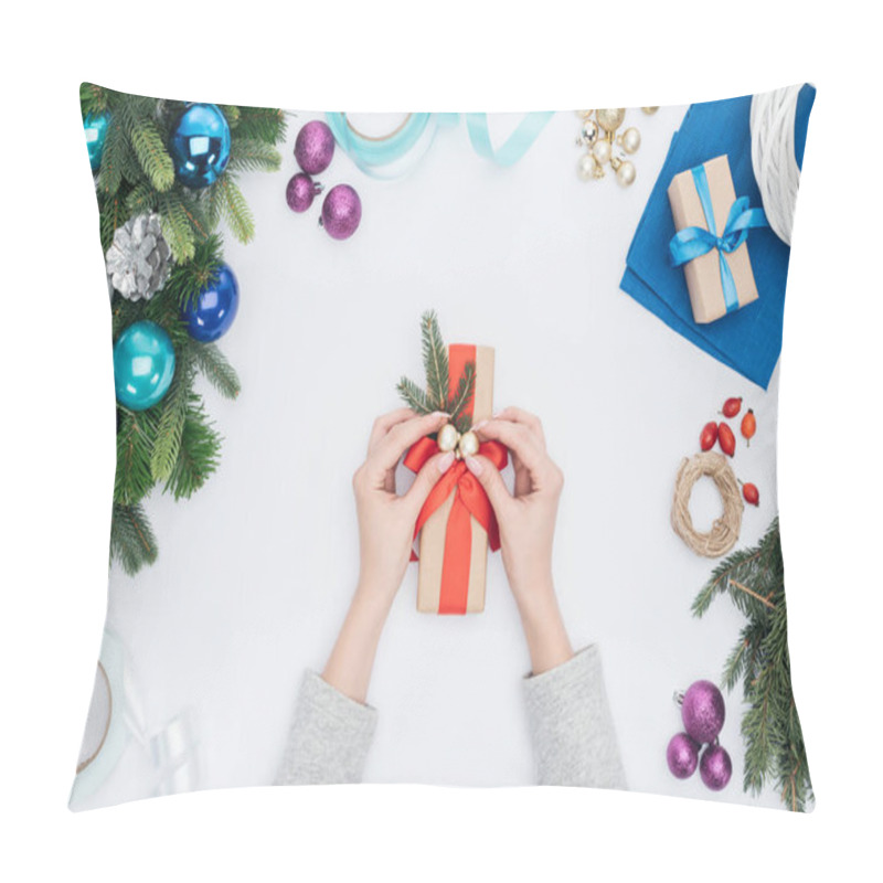 Personality  Partial View Of Woman Decorating Wrapped Present With Christmas Balls Isolated On White Pillow Covers