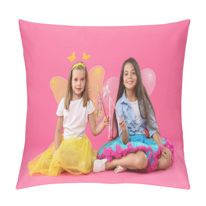 Personality  Cute Little Girls In Fairy Costumes With Wings And Magic Wands On Pink Background Pillow Covers