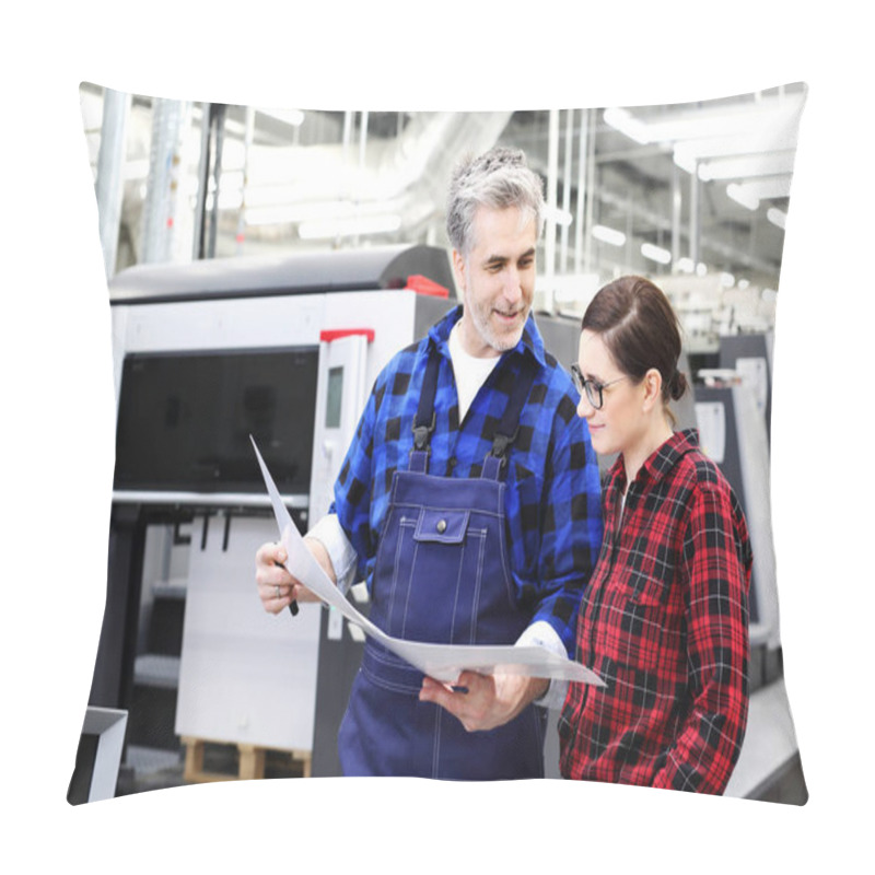 Personality  Printing House. A Woman And A Man Are Watching The Printout Pillow Covers